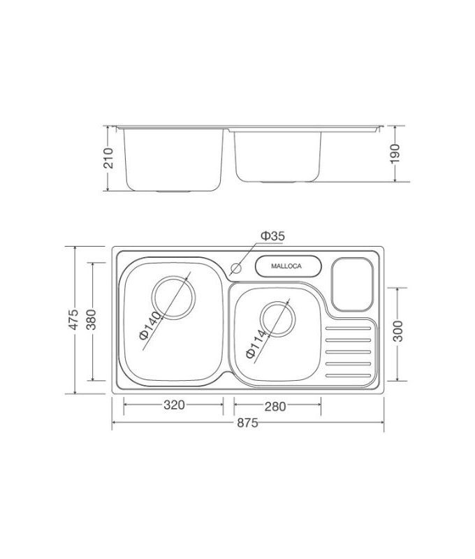 Kích thước chậu rửa bát bán thủ công Malloca MS - 1024