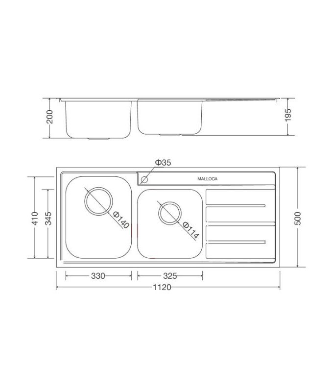Kích thước chậu rửa bát bán thủ công Malloca MS 1027R NEW