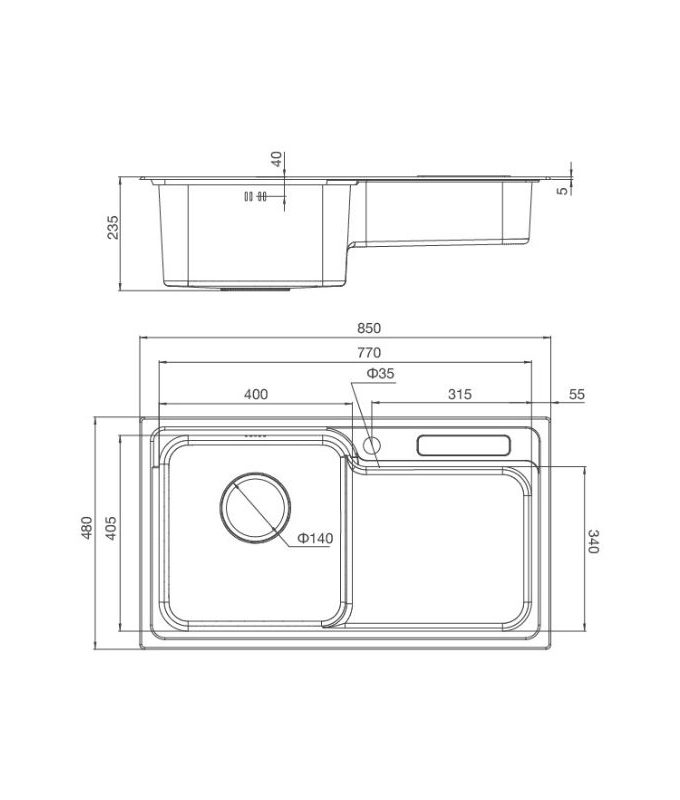 Kích thước chậu rửa bát bán thủ công Malloca MS 1028D