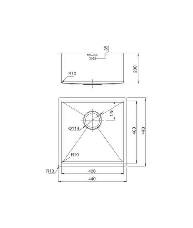 Kích thước chậu rửa bát bán thủ công Malloca MS 1044
