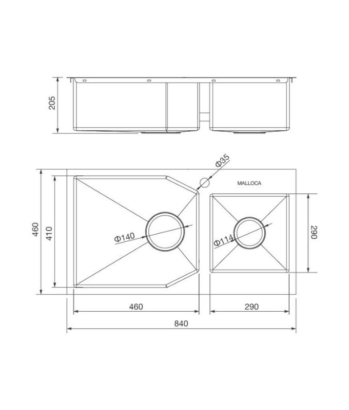 Kích thước chậu rửa bát bán thủ công Malloca MS 610A
