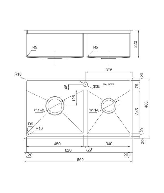 Kích thước chậu rửa bát bán thủ công Malloca MS 6304