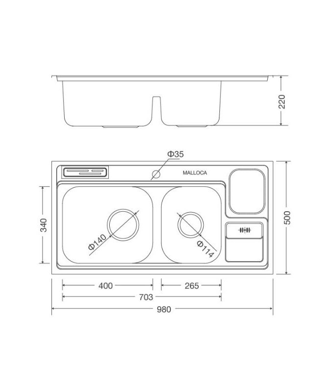 Kích thước Chậu rửa bát bán thủ công Malloca MS 8809