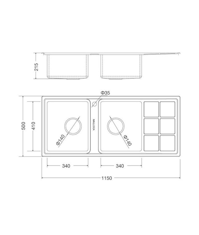 Kích thước chậu rửa bát bán thủ công Malloca MS 8815R