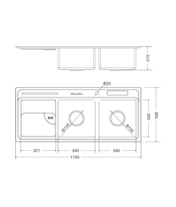 Kích thước chậu rửa bát bán thủ công Malloca MS 8816